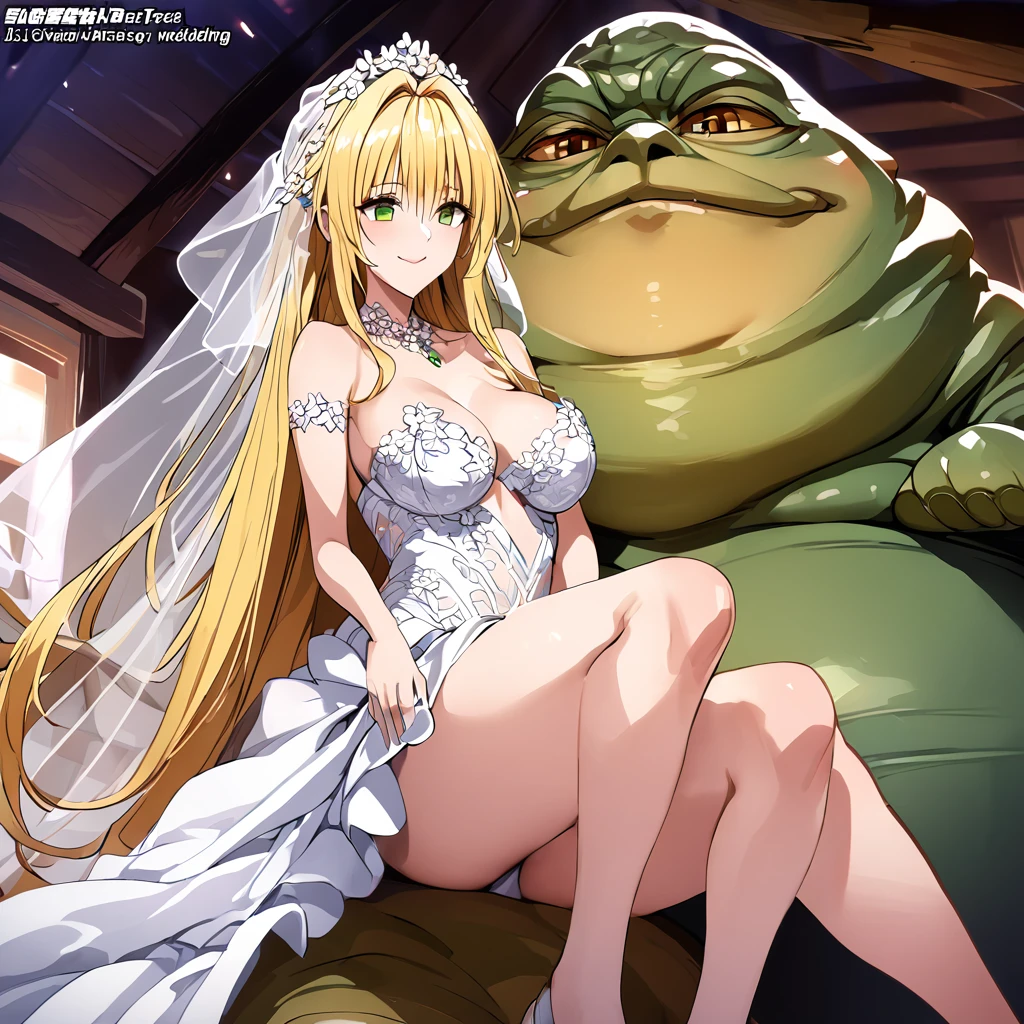 ((Highest quality)), ((masterpiece)), (detailed), （Perfect Face）、The woman is Tiare, with green eyes, medium-length blonde hair, an iron collar, and is wearing a gorgeous, jeweled vintage wedding dress and a vintage wedding veil. The woman is standing next to Jabba the Hutt at his hideout for the wedding.、Jabba the Hutt is holding a woman in his arms and having a wedding、The woman loves Jabba the Hutt and looks at him with a gentle smile.