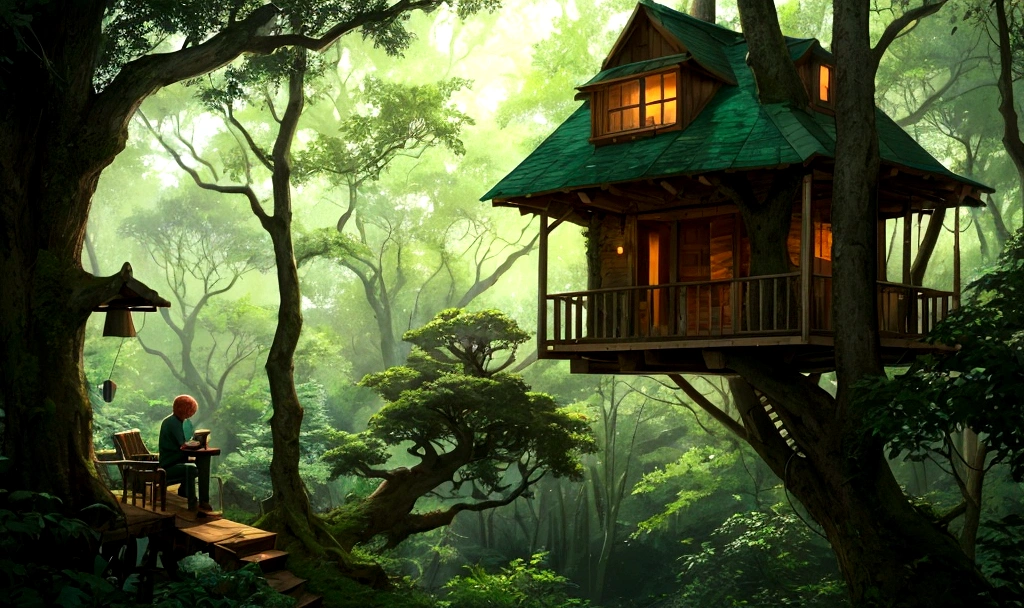 A character relaxing and listening to music in a treehouse in the forest. The scene blends nature with a Lo-fi vibe.