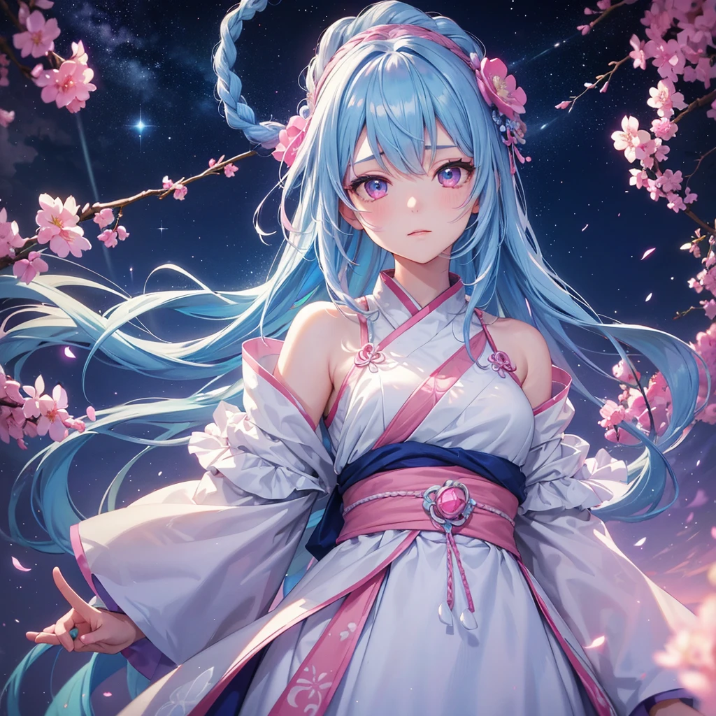 Sky blue hair,braid,(Pink Eyes),Fair skin ,(whole body),(One girl),Hanfu,Tanabata,(The beautiful, sparkling Milky Way in the night sky),Lonely Eyes,,(masterpiece, Highest quality, Very detailed, Best Shadow), (Detailed Background), (Beautifully detailed face), High Contrast, (Best lighting, Very delicate and beautiful), ((Cinematic Light)), colorful, Hyper Detail, Dramatic Light, Intricate details,