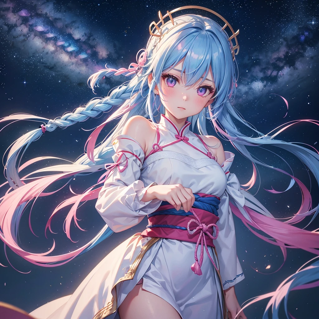 Sky blue hair,braid,(Pink Eyes),Fair skin ,(whole body),(One girl),Hanfu,Tanabata,(The beautiful, sparkling Milky Way in the night sky),Lonely Eyes,,(masterpiece, Highest quality, Very detailed, Best Shadow), (Detailed Background), (Beautifully detailed face), High Contrast, (Best lighting, Very delicate and beautiful), ((Cinematic Light)), colorful, Hyper Detail, Dramatic Light, Intricate details,