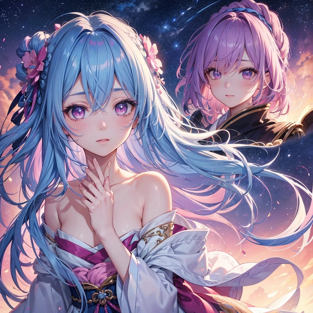 Sky blue hair,braid,(Pink Eyes),Fair skin ,(whole body),(One girl),Hanfu,Tanabata,(The beautiful, sparkling Milky Way in the night sky),Lonely Eyes,,(masterpiece, Highest quality, Very detailed, Best Shadow), (Detailed Background), (Beautifully detailed face), High Contrast, (Best lighting, Very delicate and beautiful), ((Cinematic Light)), colorful, Hyper Detail, Dramatic Light, Intricate details,