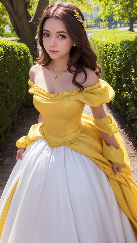 a disney princess Belle type woman with brown hair and light brown eyes and white skin wearing a yellow ball gown