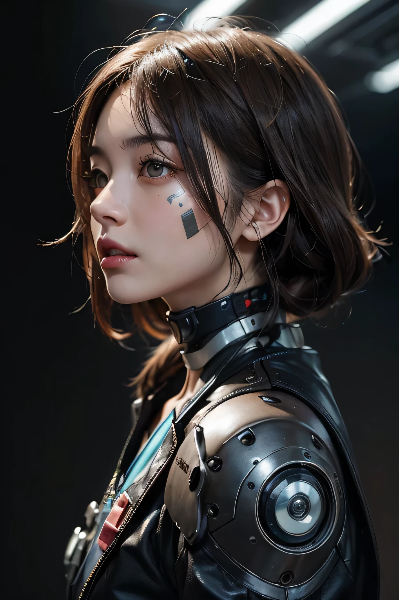 Male A very detailed hyper-realistic Japanese man masterpiece, Wearing a suit and a complex robotic space helmet., with robotic parts on your Face, Man with robot head, portrait of a futuristic robot, Bee Style, robotic Face, The Cyberpunk Way, human face, style hybrid mix oF beeple, portrait of a cyborg, futuristic dieselpunk street, Beeple style, Portrait Beauty - FI People, ltra High DeFinition, Simple minimum. F/4, 16:9, 5 s ultra high deFinition, Kinematics, Real portrait of a male person from the side at a 45 degree angle