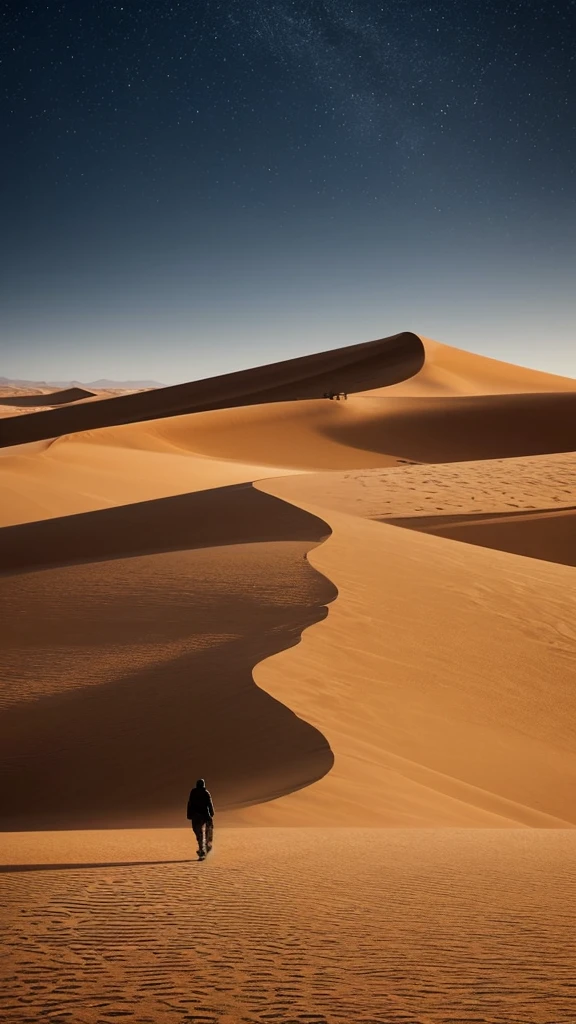 a man walking in the desert at night, in a serene vast desert, somewhere in sands of the desert, in the movie dune, in dune, by Michal Karcz, walking in the desert, 'lone dark figure'!!, desert!!!!!!!!!!!, beautiful and mysterious, wandering the desert landscape, stunning cinematography, stunning moody cinematography