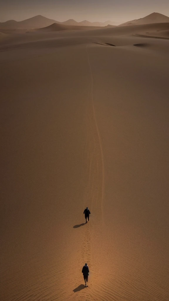 a man walking in the desert at night, in a serene vast desert, somewhere in sands of the desert, in the movie dune, in dune, by Michal Karcz, walking in the desert, 'lone dark figure'!!, desert!!!!!!!!!!!, beautiful and mysterious, wandering the desert landscape, stunning cinematography, stunning moody cinematography