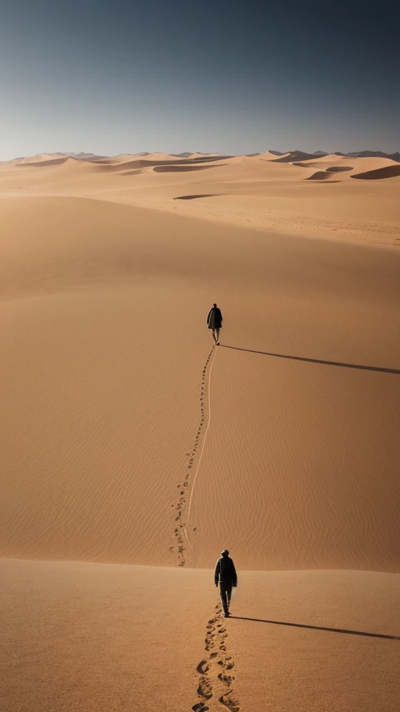 a man walking in the desert at night, a matte painting by Michal Karcz, tumblr, conceptual art, in a serene vast desert, somewhere in sands of the desert, in the movie dune, in dune, walking in the desert, 'lone dark figure'!!, desert!!!!!!!!!!!, beautiful and mysterious, wandering the desert landscape, stunning cinematography
