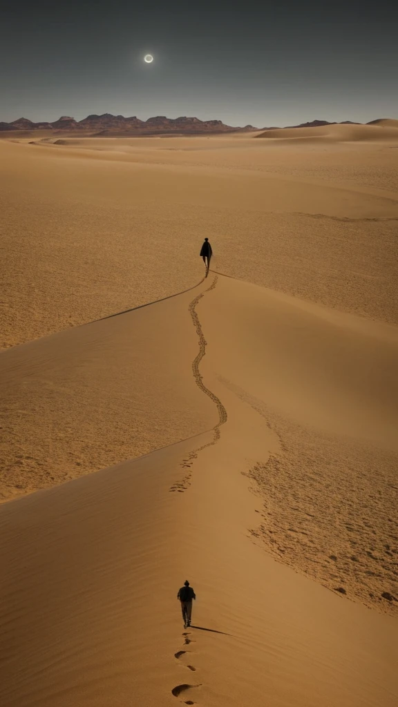 a man walking in the desert at night, a matte painting by Michal Karcz, tumblr, conceptual art, in a serene vast desert, somewhere in sands of the desert, in the movie dune, in dune, walking in the desert, 'lone dark figure'!!, desert!!!!!!!!!!!, beautiful and mysterious, wandering the desert landscape, stunning cinematography