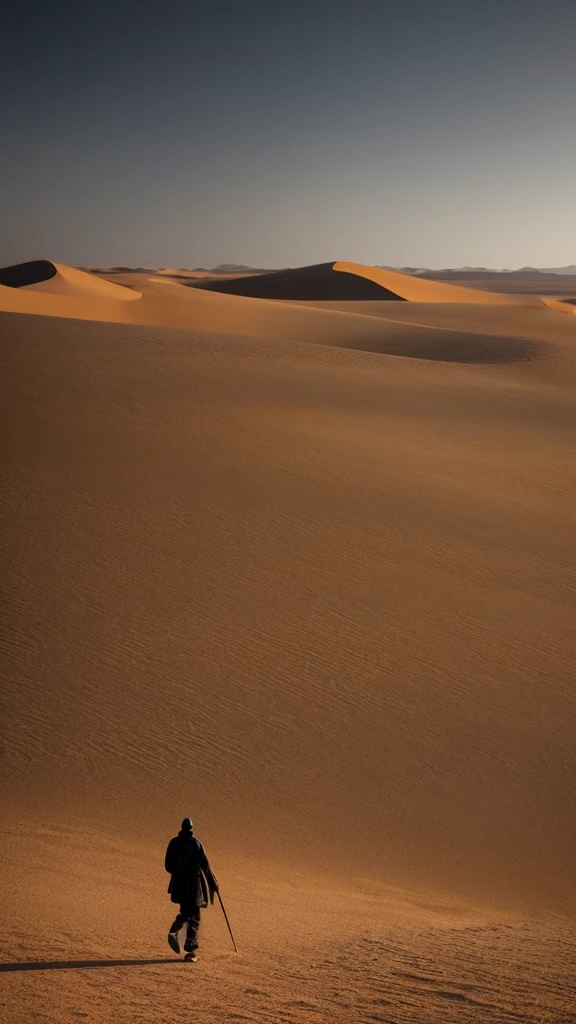 a man walking in the desert at night, in a serene vast desert, somewhere in sands of the desert, in the movie dune, in dune, by Michal Karcz, walking in the desert, 'lone dark figure'!!, desert!!!!!!!!!!!, beautiful and mysterious, wandering the desert landscape, stunning cinematography, stunning moody cinematography