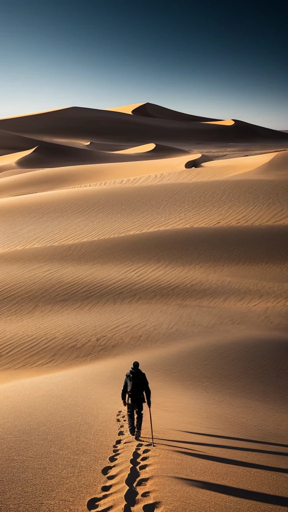 a man walking in the desert at night, in a serene vast desert, somewhere in sands of the desert, in the movie dune, in dune, by Michal Karcz, walking in the desert, 'lone dark figure'!!, desert!!!!!!!!!!!, beautiful and mysterious, wandering the desert landscape, stunning cinematography, stunning moody cinematography