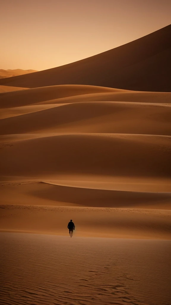 a man walking in the desert at night, in a serene vast desert, somewhere in sands of the desert, in the movie dune, in dune, by Michal Karcz, walking in the desert, 'lone dark figure'!!, desert!!!!!!!!!!!, beautiful and mysterious, wandering the desert landscape, stunning cinematography, stunning moody cinematography