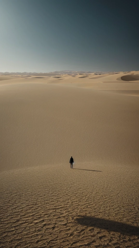 a man walking in the desert at night, in a serene vast desert, somewhere in sands of the desert, in the movie dune, in dune, by Michal Karcz, walking in the desert, 'lone dark figure'!!, desert!!!!!!!!!!!, beautiful and mysterious, wandering the desert landscape, stunning cinematography, stunning moody cinematography