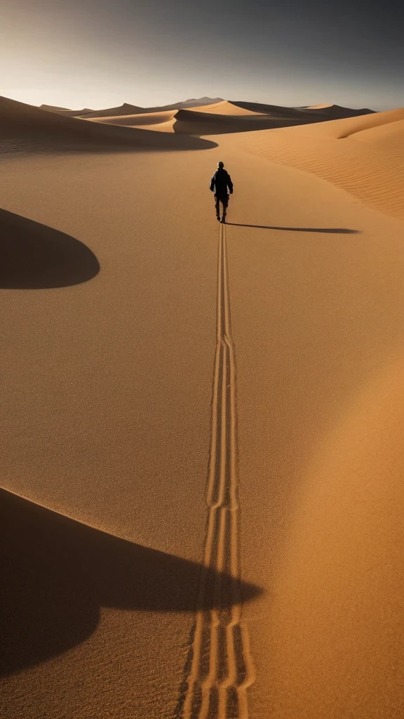 a man walking in the desert at night, a matte painting by Michal Karcz, tumblr, conceptual art, in a serene vast desert, somewhere in sands of the desert, in the movie dune, in dune, walking in the desert, 'lone dark figure'!!, desert!!!!!!!!!!!, beautiful and mysterious, wandering the desert landscape, stunning cinematography