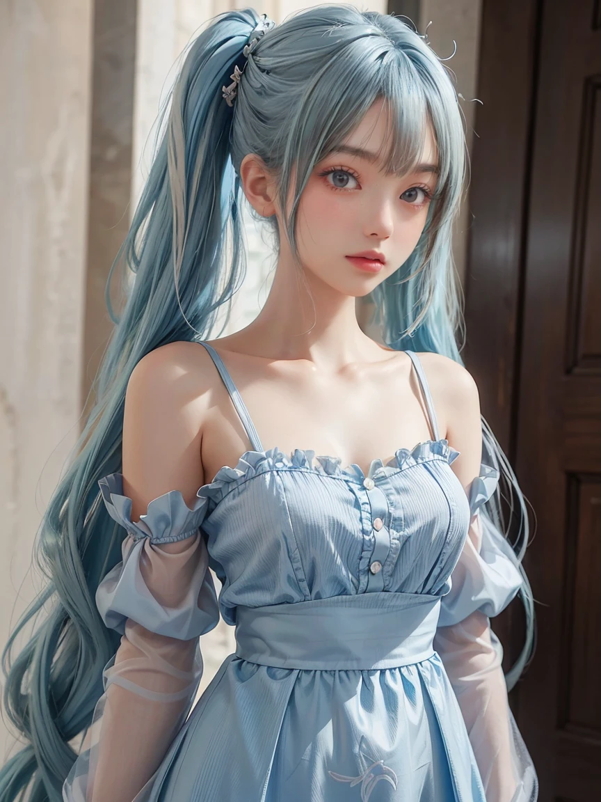 a close up of a woman Blue Hairの posing for a picture, Real life anime girls, Anime Girl Cosplay, 美しいBlue Hairの少女, pretty girl Blue Hairの, Anime Cosplay, Sky blue straight hair, 流れるようなBlue Hair, Blue Hairの, girl Blue Hairの, Blue long hair, long 流れるようなBlue Hair, Straight sky blue hair, 美しいアニメスタイル Blue Hairと白いシャツを持つ人の接写, Real life anime girls, Hair blue two long braids, Pigtailsstyle, Two long blue braids, two blue braids, Twin tail hairstyle, Long blue braided hair, Anime Style, Inspired by anime, 美しいBlue Hairの少女, カラフルなPigtails, Pigtails,Slim figure, Small Bust, Slim girl model,,(Beautiful attention to detail:1.1),Expressionless,palace,Blue Hair,Disheveled Hair,Long bangs,Hair between the eyes,(White grey dress:1.1),Black Ribbon,White bow tie,abdomen,Large forehead,Blank face,pretty girl,, Upper Body, Sparkling eyes,Dark Magician Girl, Black Magician Girl,Absurd, RAW Photos, (Beautiful attention to detail:1.6), Highly detailed face, Perfect lighting, Highly detailed CG, (Perfect hands, Perfect Anatomy)