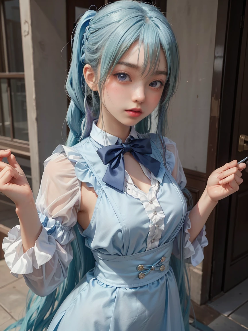 1girl, smile, close up, castel, blue hair, pectoral focus,frown,flower trim,undressing,pinstripe pattern.bow-shaped hair,dutch angle,hands between legs,