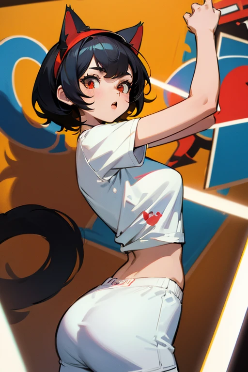 pop style,artistic,Cat headband,ass pov,dynamic angle, masterpiece,best quality, dsuper fine illustration, super detailed, dynamic angle,8K,detailed background,in live stage, (BREAK a female is singing  . She is wearing {a white T-shirt with a graffiti art-style cat illustration}.)Black Hair,Short Hair,red eyes,black hair,