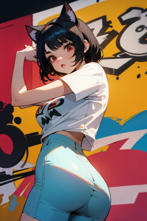 pop style,artistic,Cat headband,ass pov,dynamic angle, masterpiece,best quality, dsuper fine illustration, super detailed, dynamic angle,8K,detailed background,in live stage, (BREAK a female is singing  . She is wearing {a white T-shirt with a graffiti art-style cat illustration}.)Black Hair,Short Hair,red eyes,black hair,