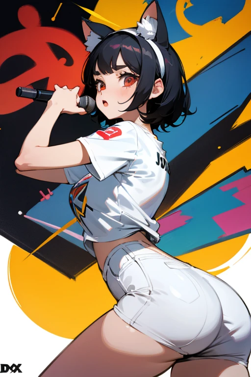 pop style,artistic,Cat headband,ass pov,dynamic angle, masterpiece,best quality, dsuper fine illustration, super detailed, dynamic angle,8K,detailed background,in live stage, (BREAK a female is singing  . She is wearing {a white T-shirt with a graffiti art-style cat illustration}.)Black Hair,Short Hair,red eyes,black hair,