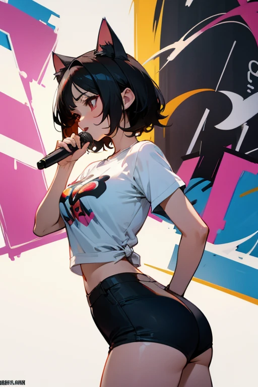 pop style,artistic,Cat headband,ass pov,dynamic angle, masterpiece,best quality, dsuper fine illustration, super detailed, dynamic angle,8K,detailed background,in live stage, (BREAK a female is singing  . She is wearing {a white T-shirt with a graffiti art-style cat illustration}.)Black Hair,Short Hair,red eyes,black hair,