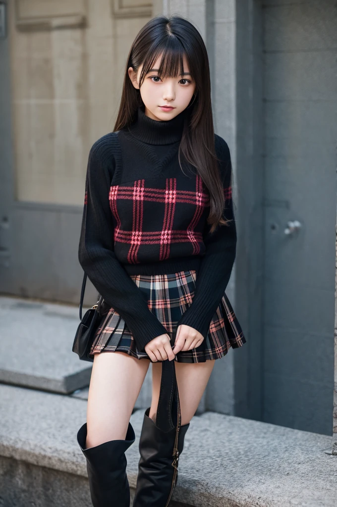 15 years old　Japanese　girl　Pleated skirt　　Black tartan neck sweater　Knee-high boots