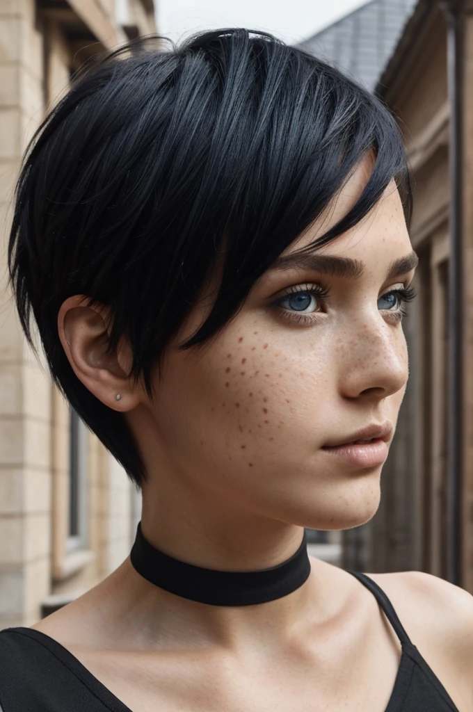 front camera selfie woman xxddxx freckles blue eyes pixie haircut shirtlift,black har, huge ,black har,style de photo de profil, big exib