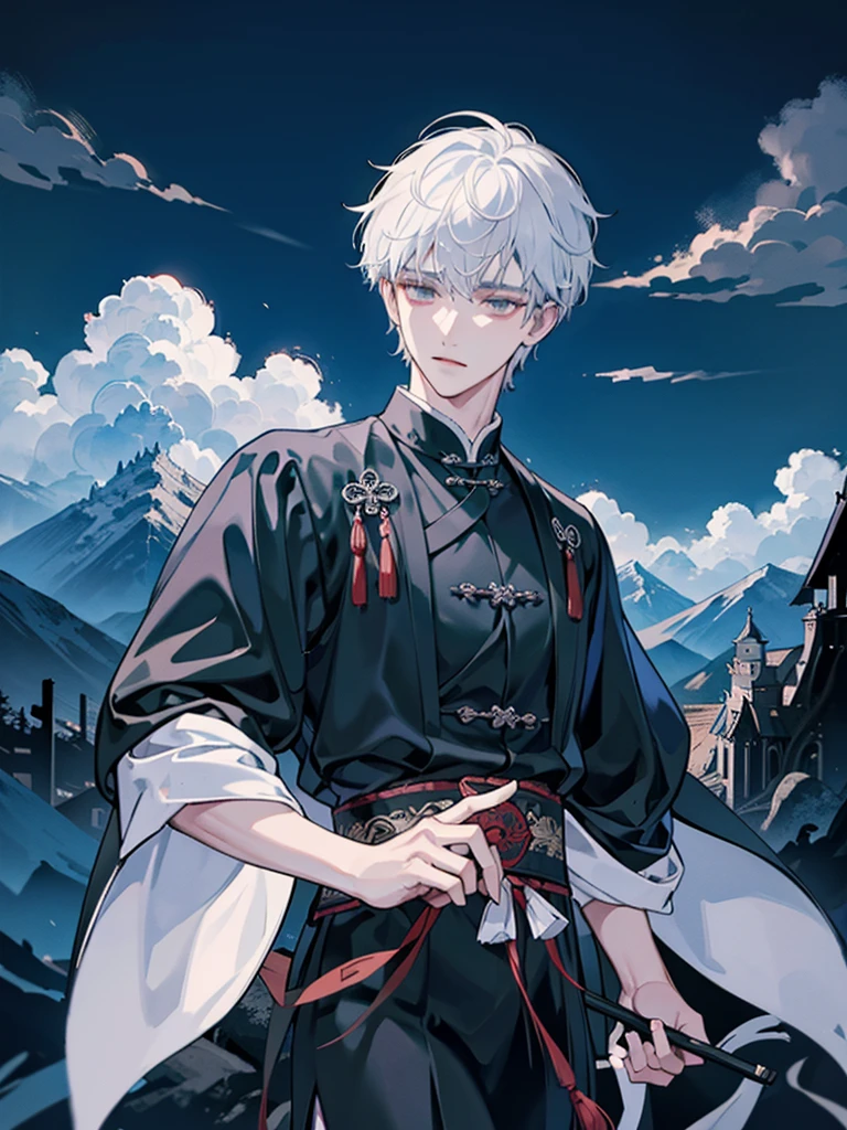 The men wear black and white robes with traditional Chinese designs. , handsome , cool , holding a folded fan , In the background are mountains and buildings with clouds. , black eyes   , , white hair  , Dark theme , nighttime 