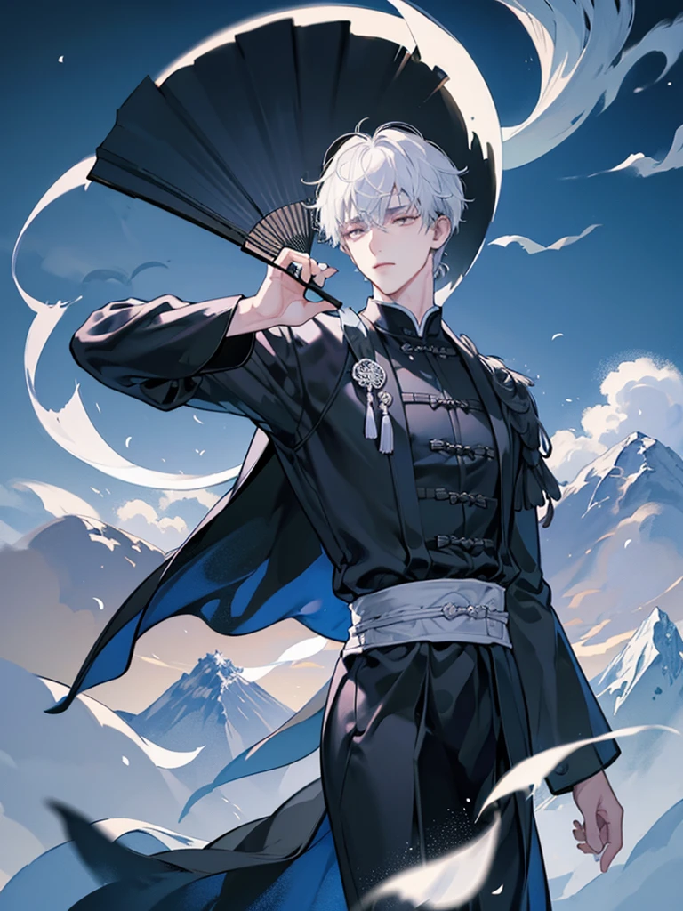 The men wear black and white robes with traditional Chinese designs. , handsome , cool , holding a folded fan , In the background are mountains and buildings with clouds. , black eyes   , , white hair  , Dark theme , nighttime 