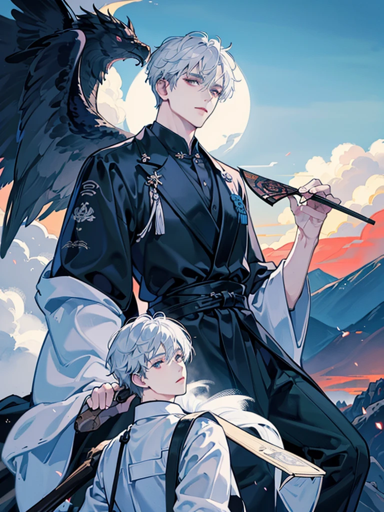 The men wear black and white robes with traditional Chinese designs. , handsome , cool , holding a folded fan , In the background are mountains and buildings with clouds. , black eyes   , , white hair  , Dark theme , nighttime 