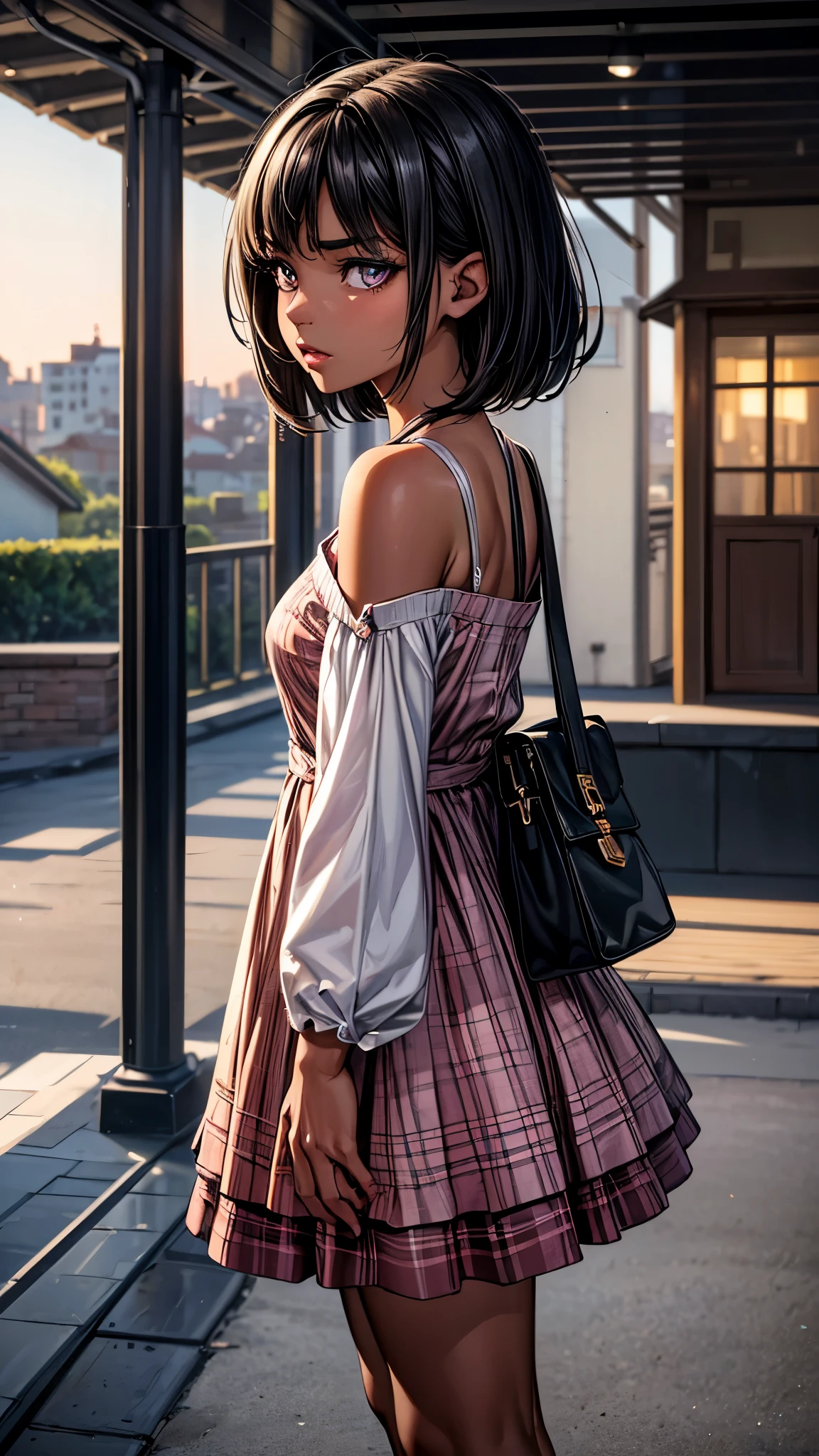 (from side2.0),beautiful detailed eyes, beautiful detailed lips, extremely detailed eyes and face, longeyelashes, 1 girl, face close up, outside the countryside,, sweat, (dark skin color),(very short black hair),displeased, sulky, ((casual fashion,casual dress,pink plaids dress,no sleeve)),(sandal),shoulder bag,best quality, 4k, 8k, highres, masterpiece:1.2, ultra-detailed, realistic, photorealistic, photo-realistic:1.37, HDR, UHD, studio lighting, ultra-fine painting, sharp focus, physically-based rendering, extreme detail description, professional, vivid colors, bokeh, portraits