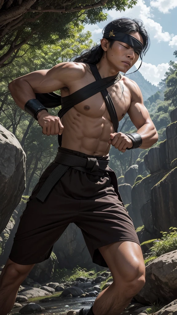 A scene of Barda Mandrawata, blindfolded, training in a secluded forest. He has wavy black hair tied halfway and a determined expression, with dark brown eyes now hidden behind the blindfold. His tan skin and small scar on his left cheek are visible. He is practicing martial arts moves with intense focus, surrounded by trees and rocks. His monkey companion, Kliwon, is nearby, watching attentively. The atmosphere is calm yet filled with the spirit of determination.