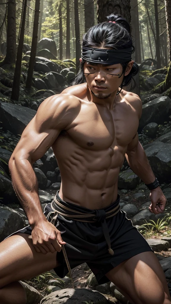 A scene of Barda Mandrawata, blindfolded, training in a secluded forest. He has wavy black hair tied halfway and a determined expression, with dark brown eyes now hidden behind the blindfold. His tan skin and small scar on his left cheek are visible. He is practicing martial arts moves with intense focus, surrounded by trees and rocks. His monkey companion, Kliwon, is nearby, watching attentively. The atmosphere is calm yet filled with the spirit of determination.