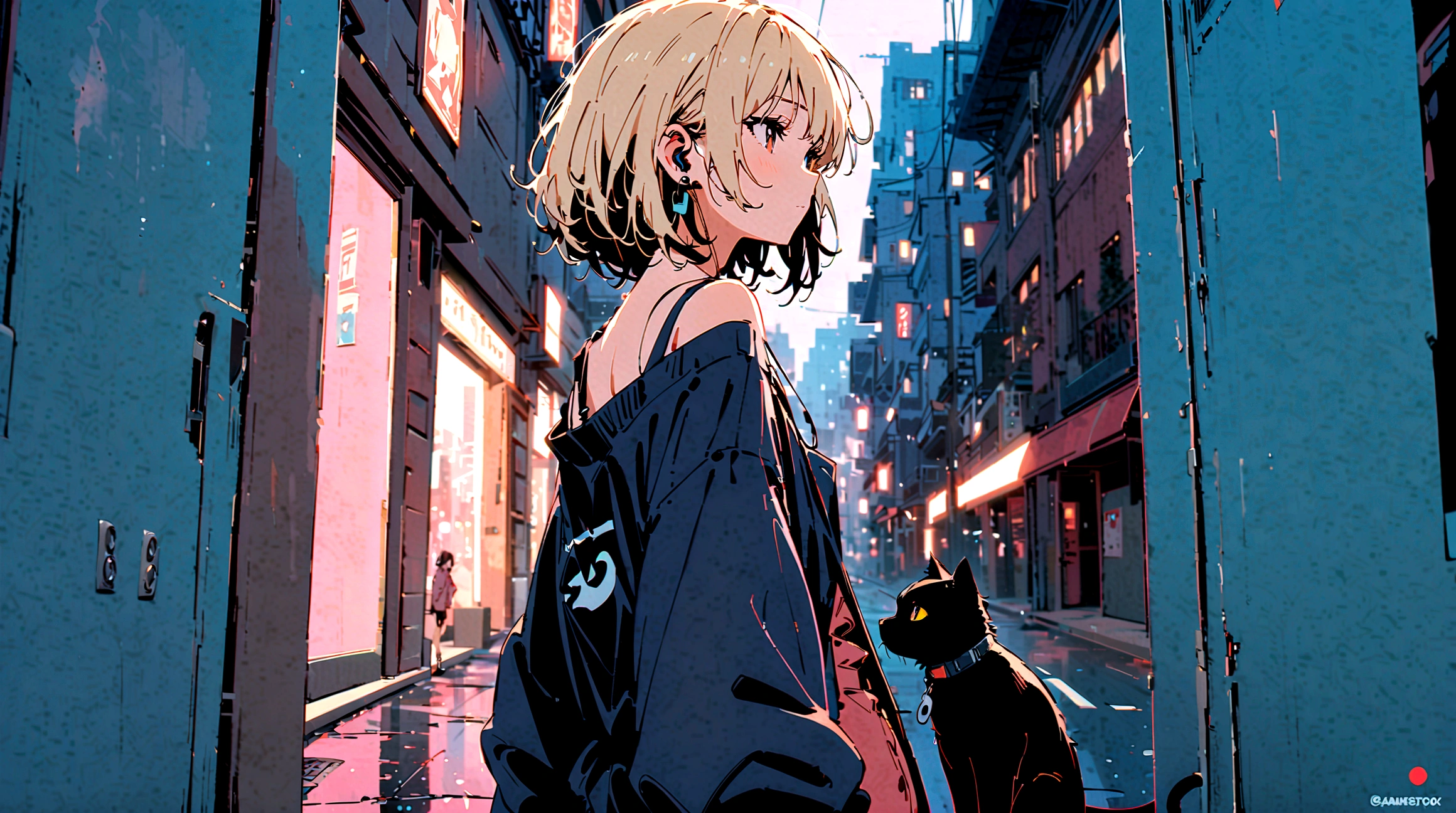 A woman in a dark room, 1 black cat, Overall dark atmosphere, Wearing earbuds, Black Hair, Dark Eyes, Medium Short Hair, Sleepy look, Oversized clothes,