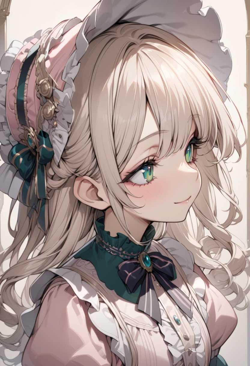 Platinum Blonde hair,sidecurls,curls,emerald green eyes,long eyelashes,(light pink victorian dress),puffy short sleeves,frilled dress,frilly wide brimmed Bonnet with bows,bustshot,masterpiece,highress,soft smile,bishoujo,peterpan collar,profile