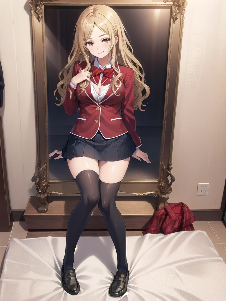 ((masterpiece)),(nude body),official art,extremely delicate and beautiful,extremely detailed CG,unity 8k wallpaper,ultra detailed,beautiful detailed eyes,extremely detailed face,on the bed,1girl,solo,full body,(portrait:1.5),looking at viewer,facing viewer,smile,Kuhouin Arisa,long wavy blond hair,sleep position,sidelocks,parted bangs,brown eyes,female underwear,blazer,wing collar,red bowtie,whi,long sleeves,large breasts,buttons,miniskirt,black thighhighs,loafers,black footwear,Big breasts,nude,Get naked,see breasts,obscene,fullbody