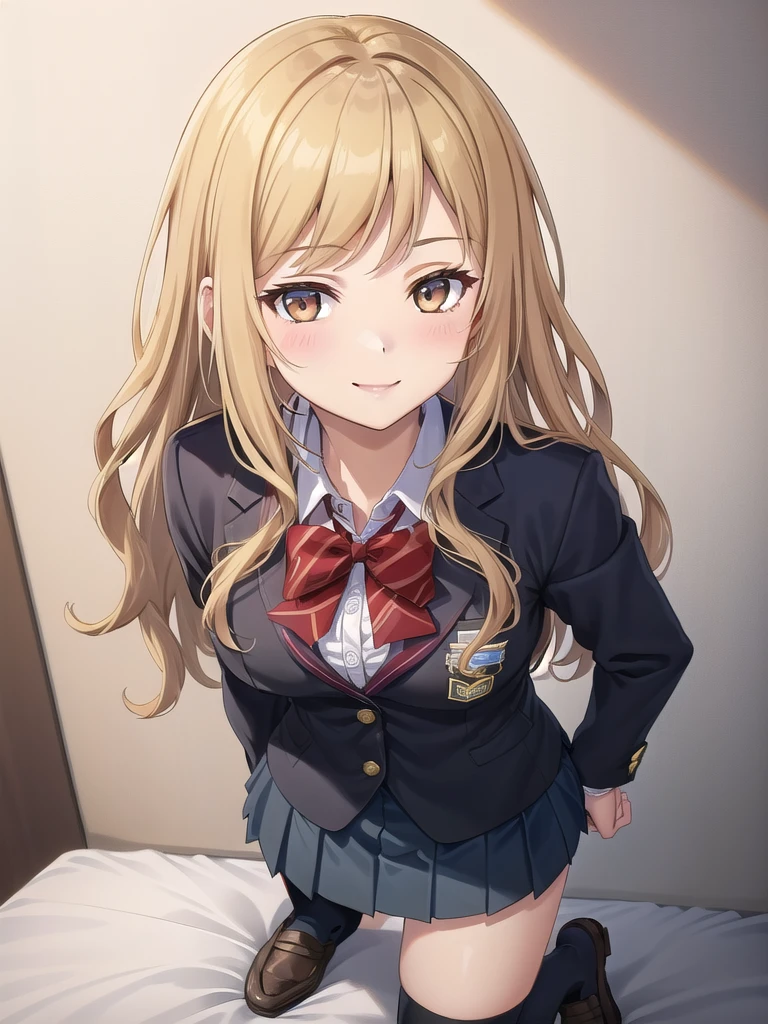 ((masterpiece)),(nude body),official art,extremely delicate and beautiful,extremely detailed CG,unity 8k wallpaper,ultra detailed,beautiful detailed eyes,extremely detailed face,on the bed,1girl,solo,full body,(portrait:1.5),looking at viewer,facing viewer,smile,Kuhouin Arisa,long wavy blond hair,sleep position,sidelocks,parted bangs,brown eyes,female underwear,blazer,wing collar,red bowtie,whi,long sleeves,large breasts,buttons,miniskirt,black thighhighs,loafers,black footwear,Big breasts,nude,Get naked,see breasts,obscene,fullbody