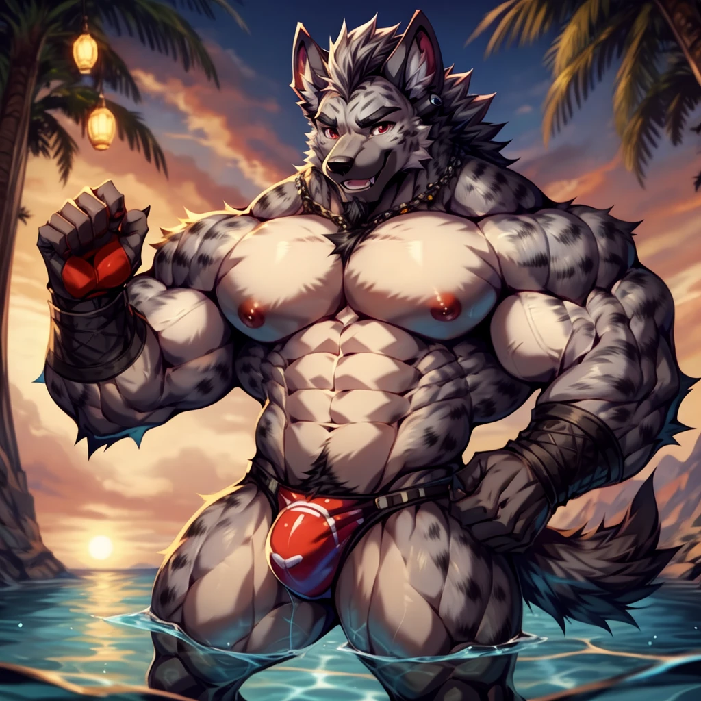 ((trending on E621, trending on Furaffinity digital media, trending on Artstation, trending on twitter , digital painting, digital media, digital paint, digital illustration, (masterpiece))) BREAK ((((by_rabbity,by_booboo)))) , BREAK ((((solo:1.3,Full body)))) ((((((anthro, anthrofield, (grey hyena)))))) | break | handsomeface,((((((elderlyface)))))), age_up_face , (((wildface)))))))), ((((((((charming)))))))) BREAK (((((hypermuscle:1.8| hyperpecs:1.4)))))))), (((detailed eyes,red_eyes:1.8))) | (((gray fur | finger claw | )))) | (((((((( gray hair | black eyebrow | short hair | black goatee hair | spiky_black_Ear_piercing))))))))) | BREAK (((((thick eyebrows))))) | BREAK (best quality | 8k | hi-res)) BREAK (((perfect face))) | BREAK 2:3, ((random view)), (((swimming thongs))))