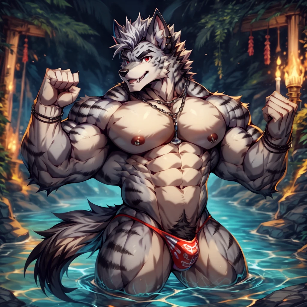 ((trending on E621, trending on Furaffinity digital media, trending on Artstation, trending on twitter , digital painting, digital media, digital paint, digital illustration, (masterpiece))) BREAK ((((by_rabbity,by_booboo)))) , BREAK ((((solo:1.3,Full body)))) ((((((anthro, anthrofield, (grey hyena)))))) | break | handsomeface,((((((elderlyface)))))), age_up_face , (((wildface)))))))), ((((((((charming)))))))) BREAK (((((hypermuscle:1.8| hyperpecs:1.4)))))))), (((detailed eyes,red_eyes:1.8))) | (((gray fur | finger claw | )))) | (((((((( gray hair | black eyebrow | short hair | black goatee hair | spiky_black_Ear_piercing))))))))) | BREAK (((((thick eyebrows))))) | BREAK (best quality | 8k | hi-res)) BREAK (((perfect face))) | BREAK 2:3, ((random view)), (((swimming thongs))))