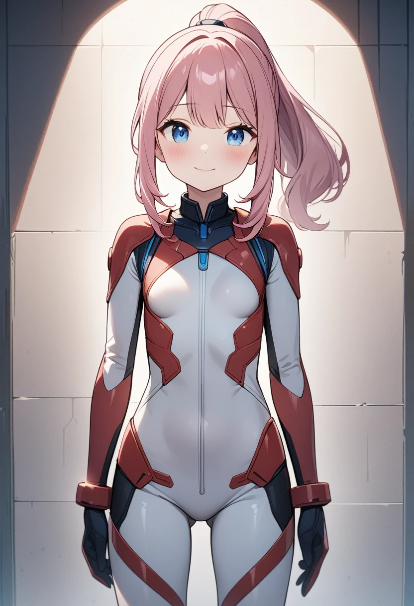 (masterpiece, top quality, very aesthetic, 4k、illustration), intricate detail, 1girl,Standing in front of a wall、(cowboy shot)、light smile、()、animated painting
Cute 、pink hair、ponytail,middle hair,sidelock ,,blue eyes、pilot suit、small breasts,Slim 、