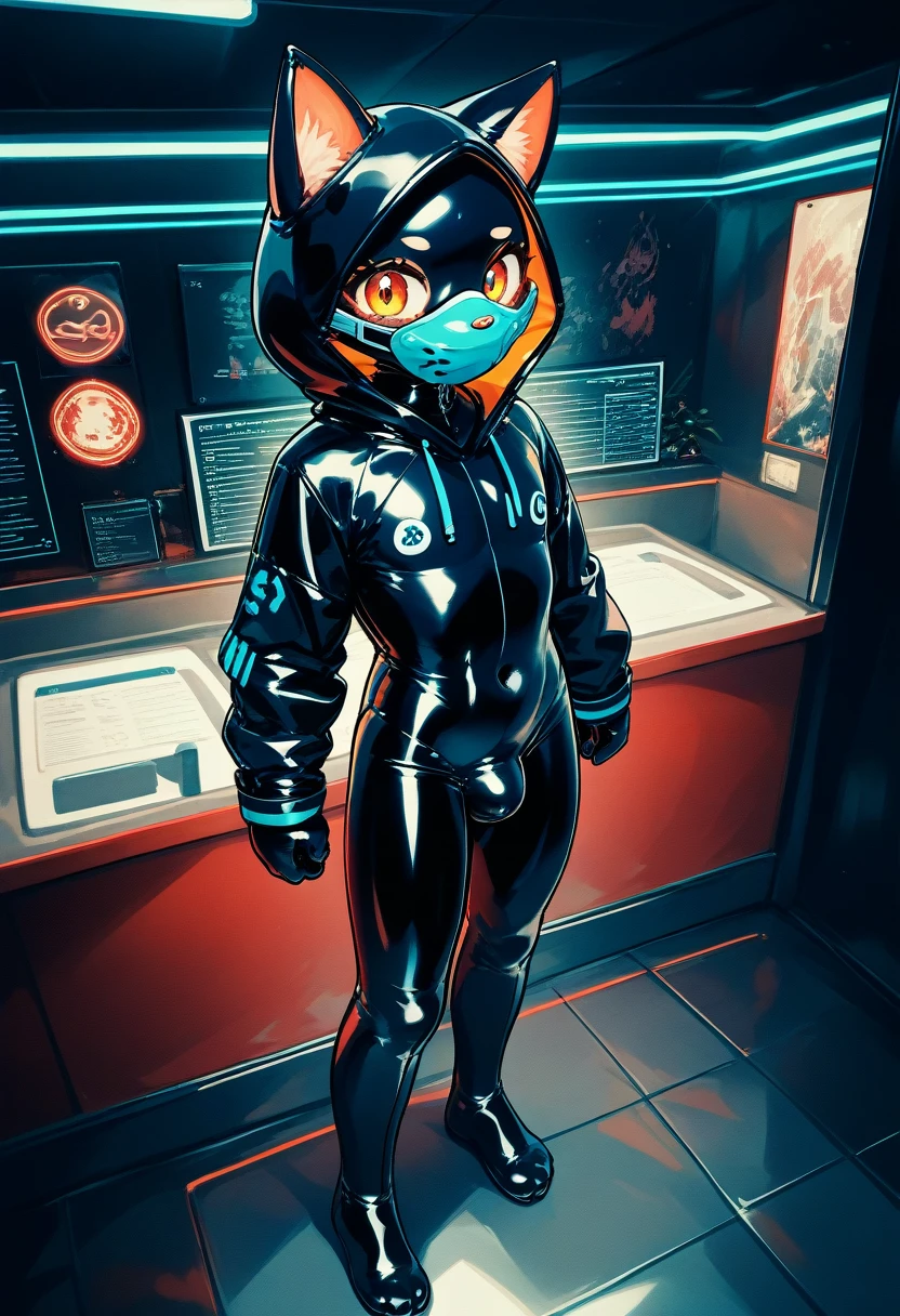 Highest quality, Highest quality, High quality illustrations, masterpiece, Ultra-high resolution, Detailed Background, In the cage, Absurd, Perfect Anatomy, performance, Good lighting, Shadows in the movies(kemono, Furry Personifi猫ion), Black cat, Dark Skin, Rubber suit, Rubber suit, latex, neon, neonライト, neonカラー, Black rubber spats, Orange rubber hoodie, Rubber mask, ribbon, Embarrassing, Null bulge, Both hands are restrained with shackles, first round, Lock, Prisoner, male, juvenile, from above