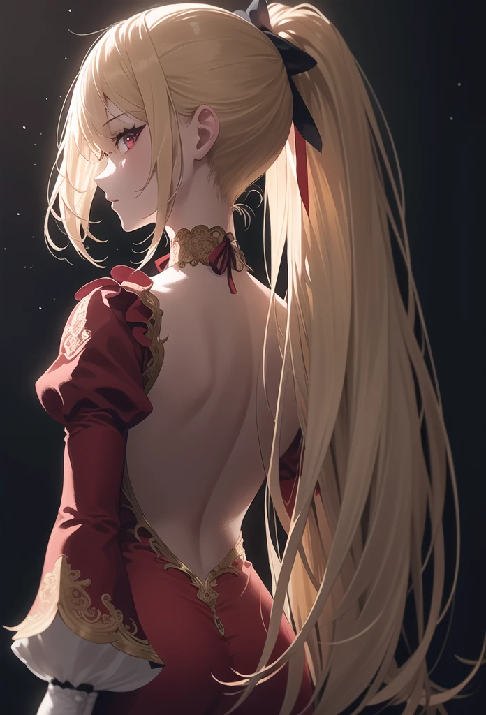 light particles, soft lighting, volumetric lighting, intricate details, finely detailed,1girl, solo,blonde hair, long hair, high ponytail,red eyes, long eyelashes, thick eyelashes, looking at viewer,red dress, ornate dress, backless dress, puffy sleeves, juliet sleeves, (long sleeves:1.2), red bow,black background, simple background, from behind,nude