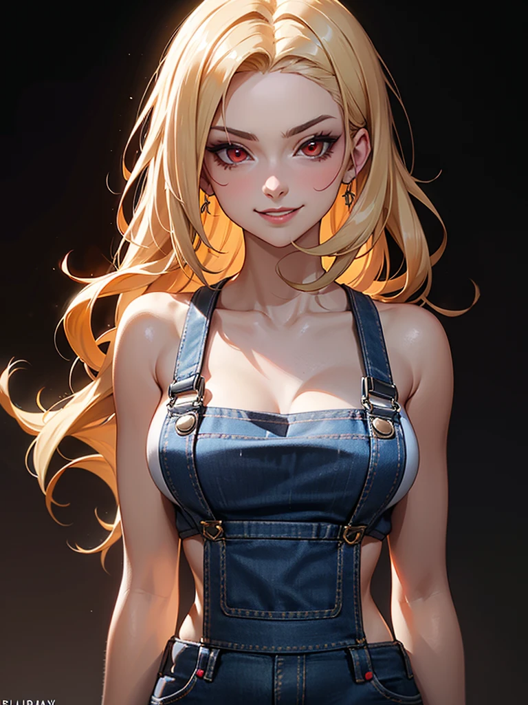 ((Portrait Photo)), She has a Confident and Assertive Appearance, with a Slim yet Toned Build and Fair Skin. She Expresses an Energetic and Self-Assured Look, Giving Off a Mischievous Glint and a Playful Smirk. She has Striking Red Eyes, and Her Hair is Platinum Blonde Gradiant, styled in Loose Waves. She Wears a White V-Neck Tank Top Under Slightly Worn Denim Overalls Shorts with Frayed Edges, Emphasizing Her Chubby Breasts. ((Portrait Photo, HDR, Dark Background))