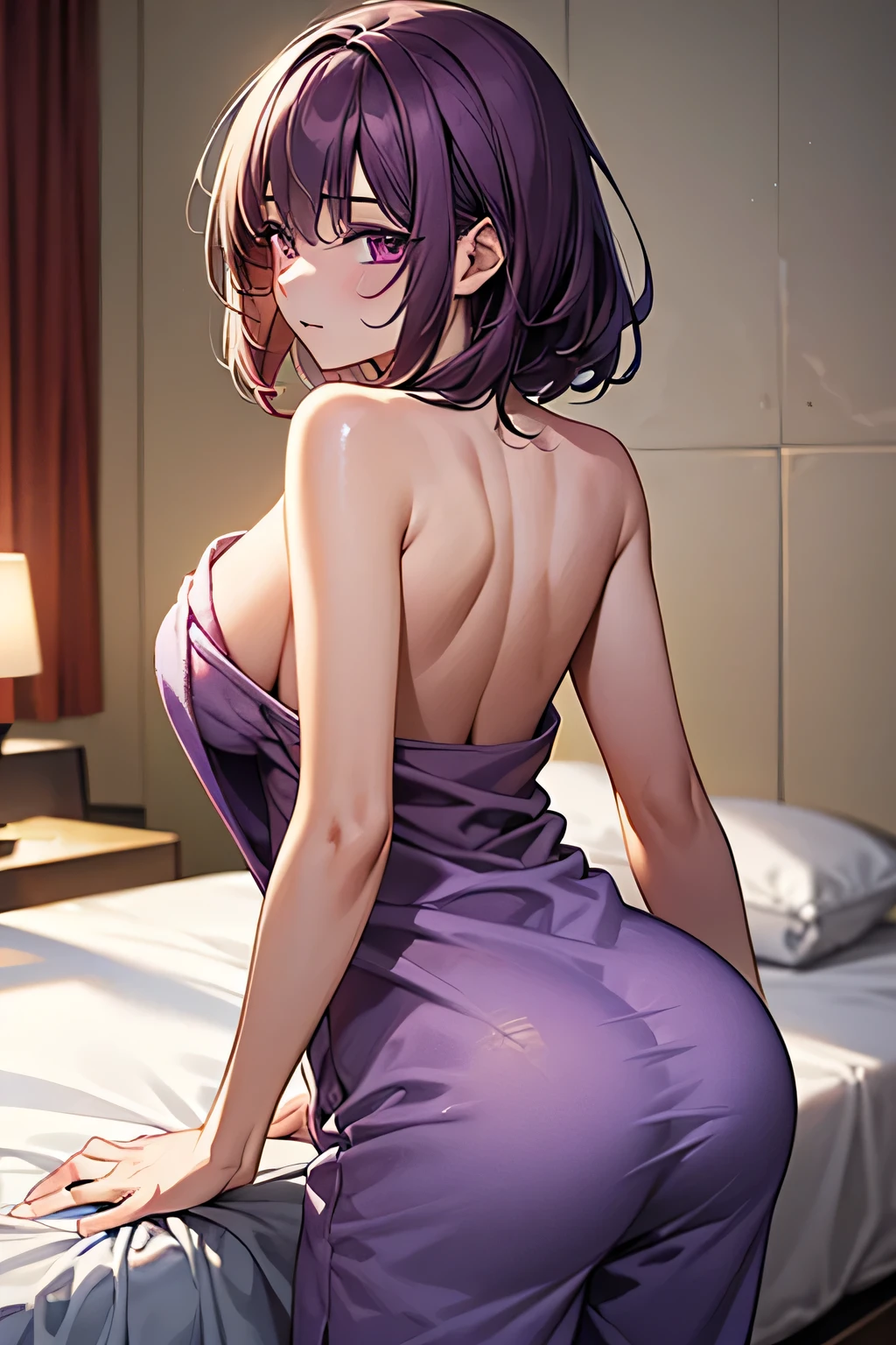 (Very detailed CG Unity 8K 壁紙),(masterpiece), (Highest quality), (Very detailed), (Best illustrations),(Best Shadow), (Wrapped in a towel)、Angle from behind、Large Breasts,,Purple eyes and short purple hair、pajamas、Piledriver on the bed、