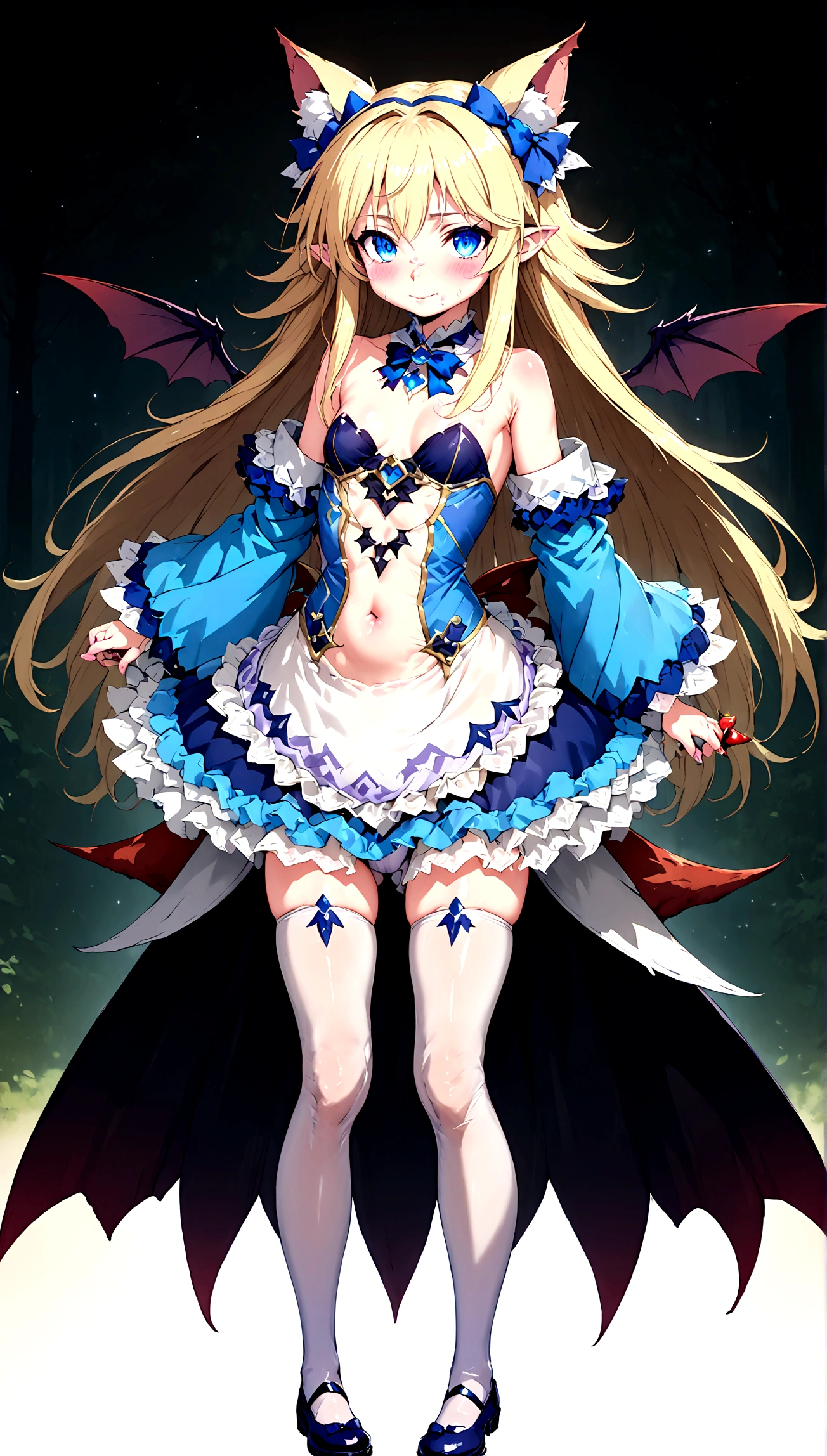 Anime. Monster Girl Encyclopedia. Alice.1 Girl. Lovely girl. . . Baby. Succubus Clumsy. Blonde. Long hair. Blue eyes. Beautiful eyes. Perfect eyes. Expressive eyes. Ideal face. . Small breasts. Flat chest. Pointy ears. Ideal anatomical body. Succubus horns. Wings of a succubus. Succubus tail with a heart tip. Cold. Runny nose. Snot flows from the nose. Blue and white children's dress from Alice in Wonderland. bows on the horns. White stockings. Shoes. Standing. Standing at full height. Standing in the forest. Standing in the middle of the forest. Beautiful character design. Shiny skin. Full body. nsfw. Scat. Official art. Extremely detailed CG Unity 8k wallpaper. Ideal lighting. Ultra high resolution 4K. Super detailed 8K. A high resolution.