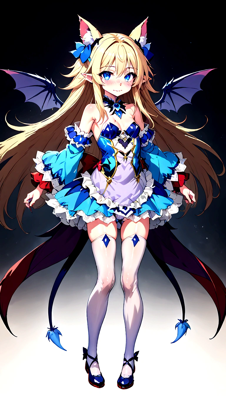 Anime. Monster Girl Encyclopedia. Alice.1 Girl. Lovely girl. . . Baby. Succubus Clumsy. Blonde. Long hair. Blue eyes. Beautiful eyes. Perfect eyes. Expressive eyes. Ideal face. 12 years old. Small ???????. Flat ?????. Pointy ears. Ideal anatomical body. Succubus horns. Wings of a succubus. Succubus tail with a heart tip. Cold. Runny nose. Snot flows from the nose. Blue and white children's dress from Alice in Wonderland. bows on the horns. White stockings. Shoes. Standing. Standing at full height. Standing in the forest. Standing in the middle of the forest. Beautiful character design. Shiny skin. Full body. ????. ????. Official art. Extremely detailed CG Unity 8k wallpaper. Ideal lighting. Ultra high resolution 4K. Super detailed 8K. A high resolution.