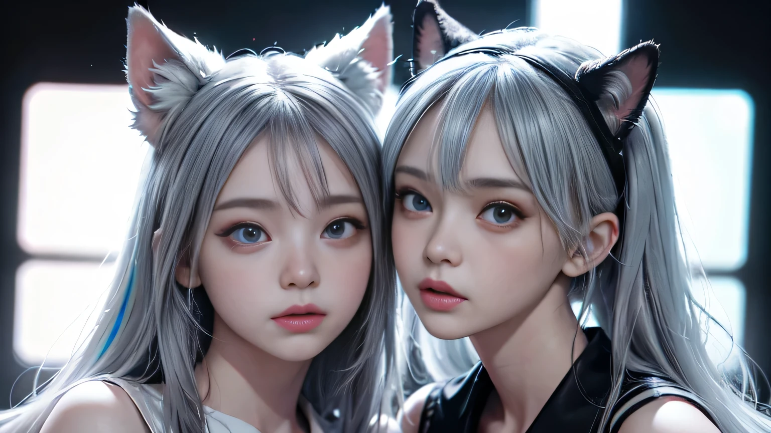 2 girls, neon white hair, moonlight eyes, fox ears, tattoo sleeves and piercings, anime style, harajuku-inspired hip-hop clothing, soft colors, neon paint splattered background, soft strokes, (best quality,4k,8k,highres,masterpiece:1.2),ultra-detailed,(realistic,photorealistic,photo-realistic:1.37),vibrant colors,chiaroscuro lighting,dramatic lighting,cinematic lighting,volumetric lighting,moody,dreamlike