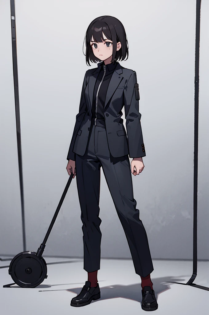 1.Black Hair.30 years old.woman.self-employed.Tired face.Hunchback.whole body.Standing posture.suit