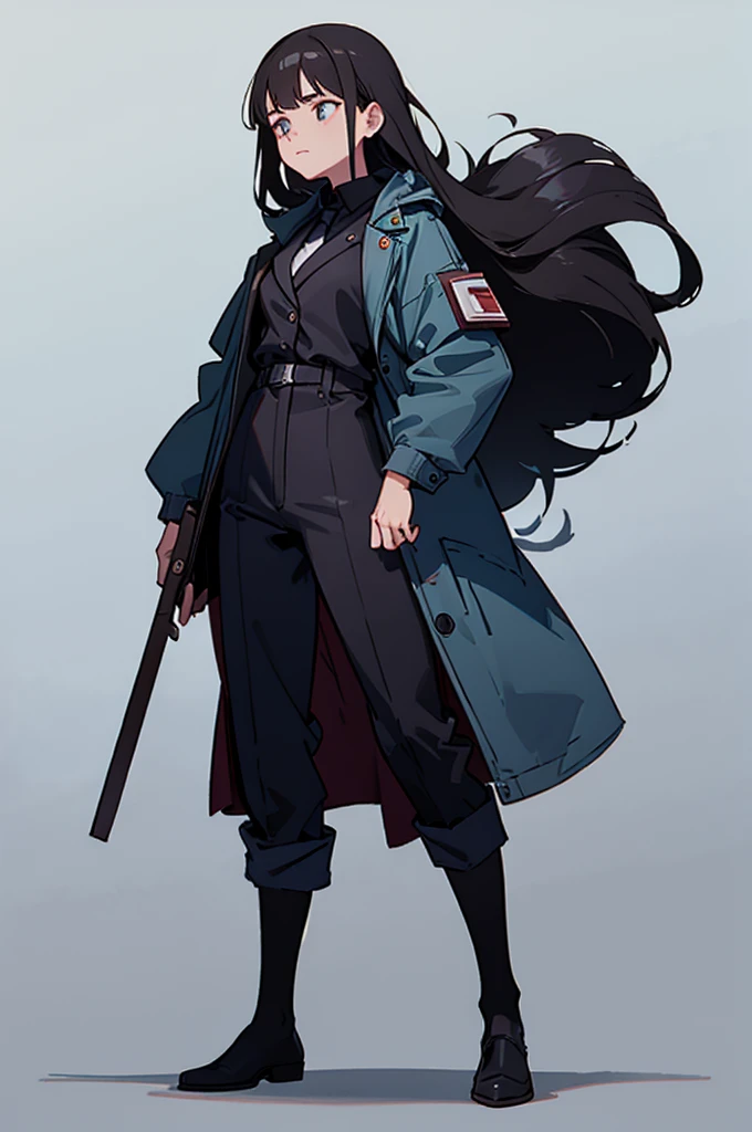 1.Black Hair.30 years old.woman.self-employed.Tired face.Hunchback.whole body.Standing posture.suit