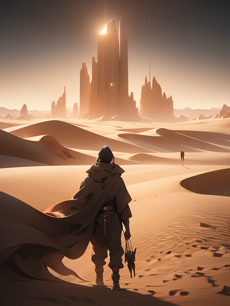 a man walking in the desert at night, in a serene vast desert, somewhere in sands of the desert, in the movie dune, in dune, by Michal Karcz, walking in the desert, 'lone dark figure'!!, desert!!!!!!!!!!!, beautiful and mysterious, wandering the desert landscape, stunning cinematography, stunning moody cinematography