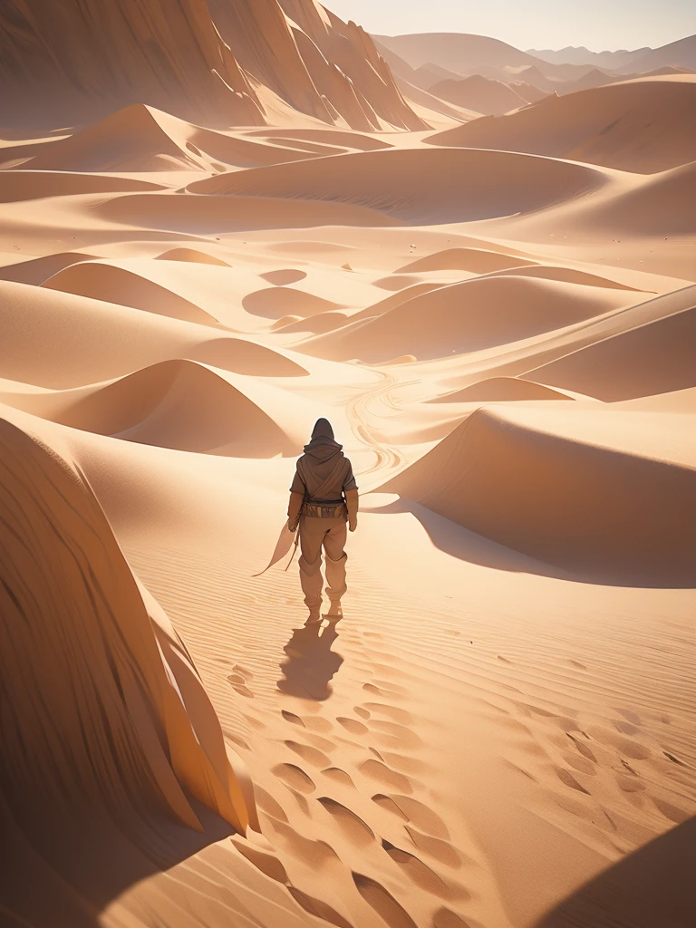 a man walking in the desert at night, in a serene vast desert, somewhere in sands of the desert, in the movie dune, in dune, by Michal Karcz, walking in the desert, 'lone dark figure'!!, desert!!!!!!!!!!!, beautiful and mysterious, wandering the desert landscape, stunning cinematography, stunning moody cinematography