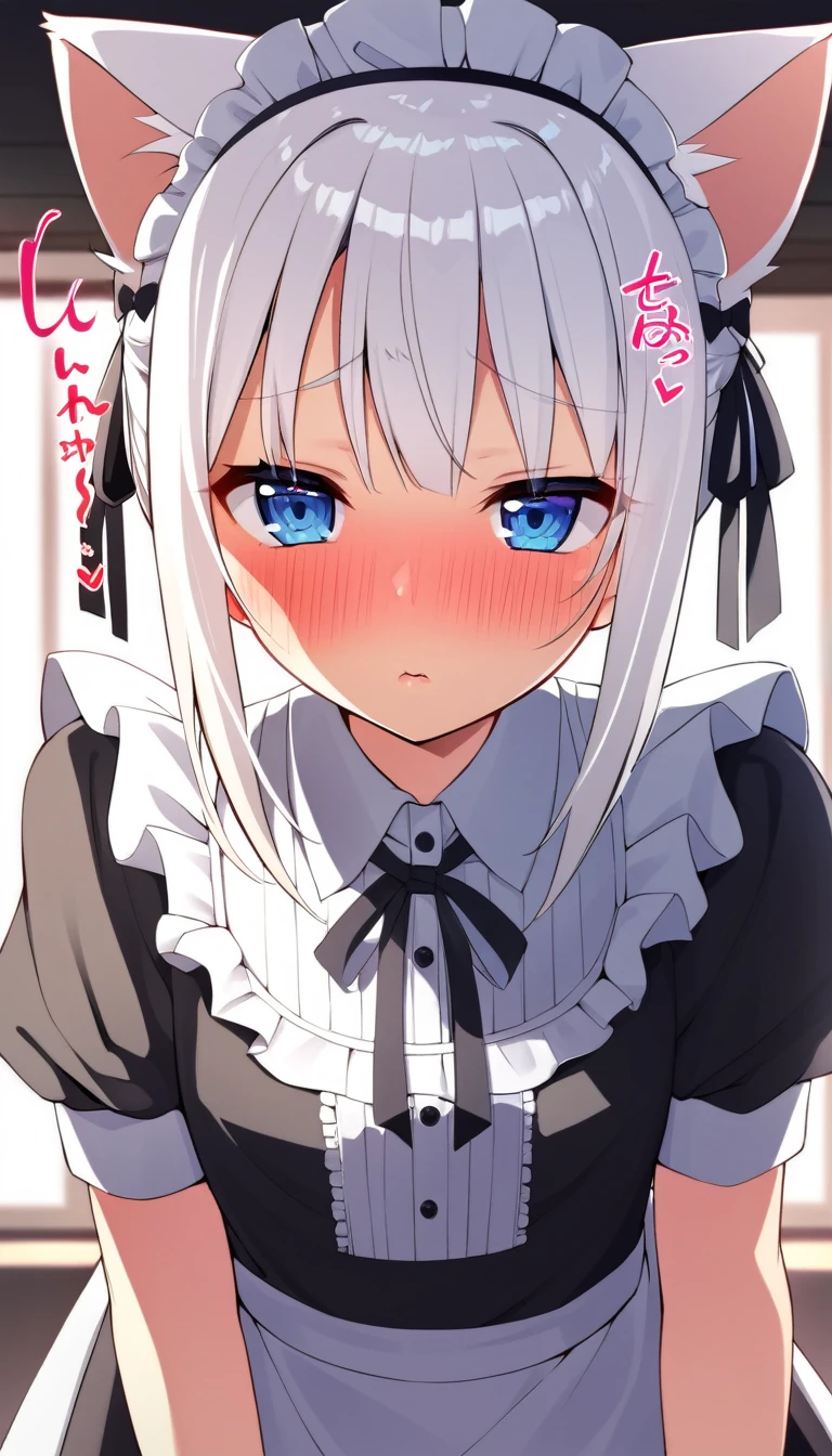 one girl, cat ears, white hair, naive, aphrodisiac, maid, light blue eyes, blush, erotic hypnosis, standing, face focus, shy, bow, heart eyes, , open mouth, sexy mouth, semen in mouth