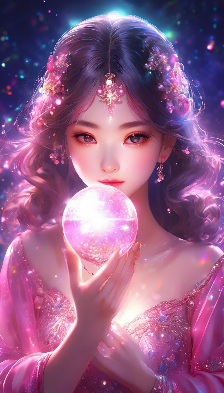 Adorable  girl,Pink、A shining enchanting deity adorned with jewels、Holding a glowing sphere in your hand　Staring straight into the camera， in the center，Very bright color, Light Particles, The light shines, Musibu, Wallpaper Art, UHD Wallpaper、Background pink、Mysterious、Glowing pink aura、Upper body close-up